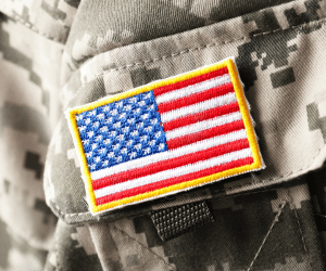 stock image of flag patch on military fatigues