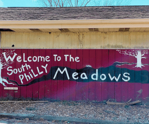 photo of wall with words welcome to the south philly meadows inscribed on it